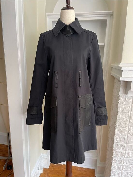 Theory Jackets & Blazers - Theory Black Trench Coat P Petite Cotton Leather Trim Minimalist Designer Coat